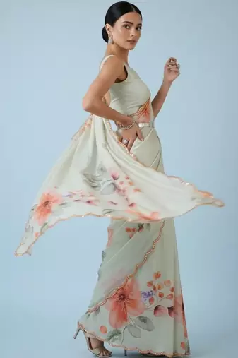 off_white floral mirror work satin designer saree