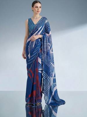 blue beads and stones satin designer saree 1