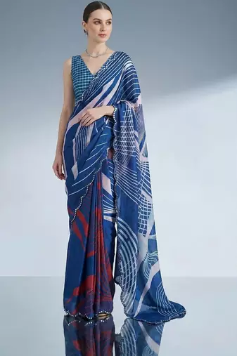 blue beads and stones satin designer saree