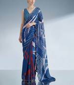 blue beads and stones satin designer saree