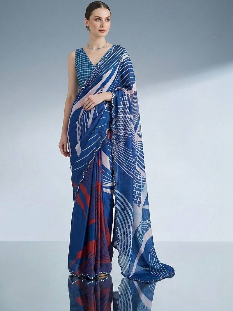 blue beads and stones satin designer saree