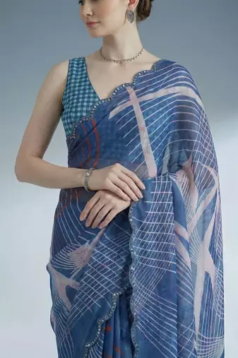 blue beads and stones satin designer saree