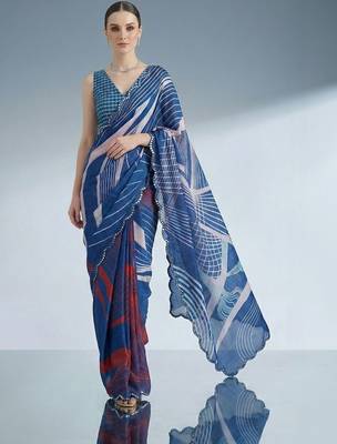 blue beads and stones satin designer saree 3