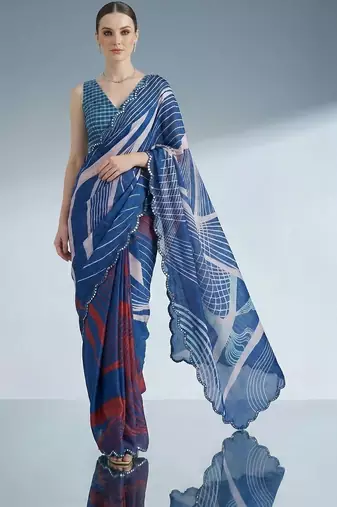 blue beads and stones satin designer saree