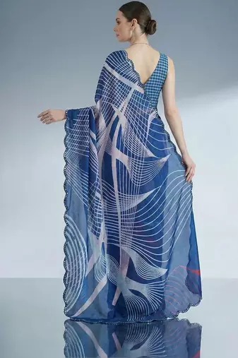 blue beads and stones satin designer saree