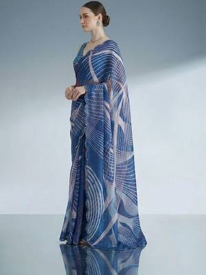 blue beads and stones satin designer saree 5