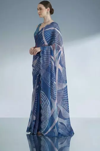 blue beads and stones satin designer saree