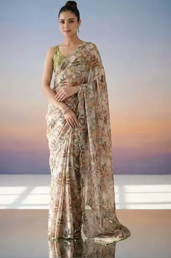 multicolor woven design sequinned satin designer saree