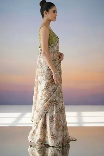 multicolor woven design sequinned satin designer saree