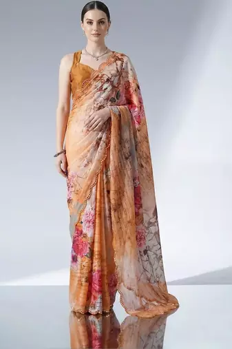 orange floral mirror work satin saree