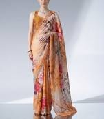 orange floral mirror work satin saree