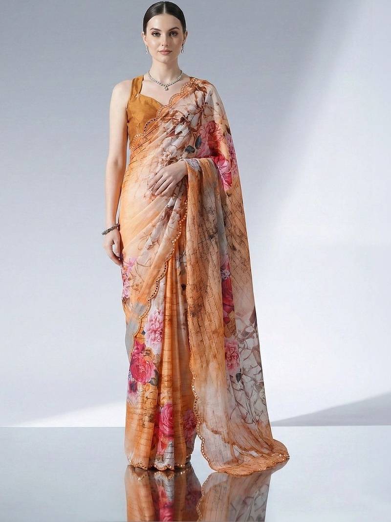 orange floral mirror work satin saree