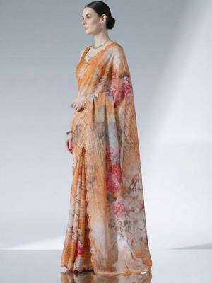 orange floral mirror work satin saree 2