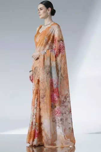 orange floral mirror work satin saree
