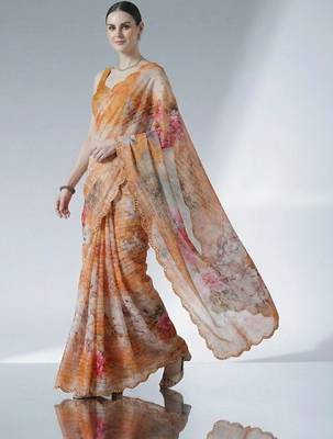 orange floral mirror work satin saree 3