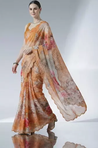 orange floral mirror work satin saree