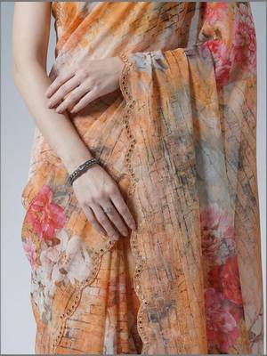 orange floral mirror work satin saree 5