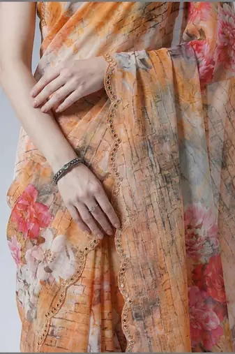 orange floral mirror work satin saree