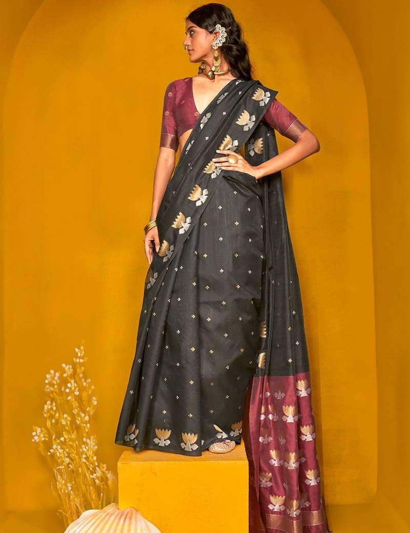 black woven design zari silk blend jamdani saree