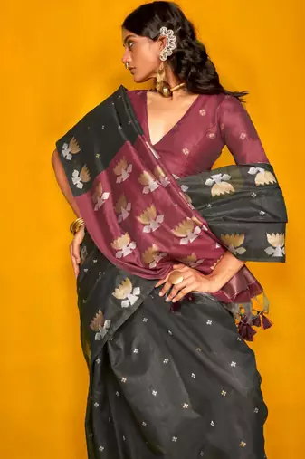black woven design zari silk blend jamdani saree