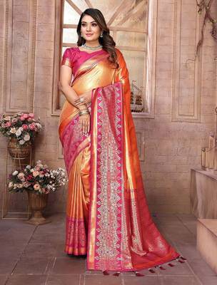 orange woven design zari silk blend designer banarasi saree 1