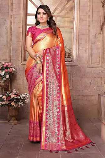 orange woven design zari silk blend designer banarasi saree