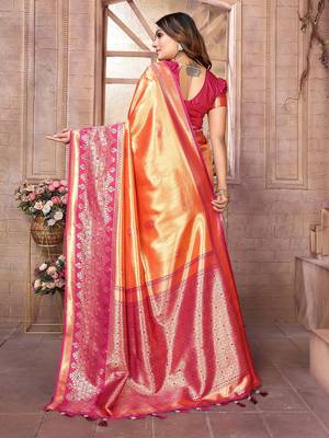 orange woven design zari silk blend designer banarasi saree 2