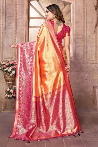 orange woven design zari silk blend designer banarasi saree