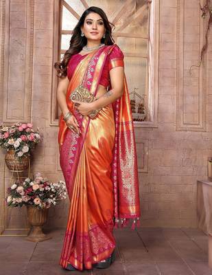 orange woven design zari silk blend designer banarasi saree 3
