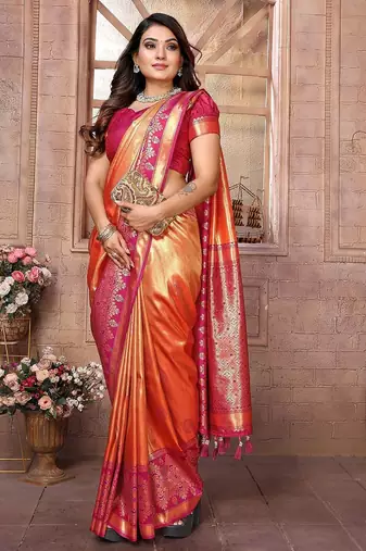 orange woven design zari silk blend designer banarasi saree
