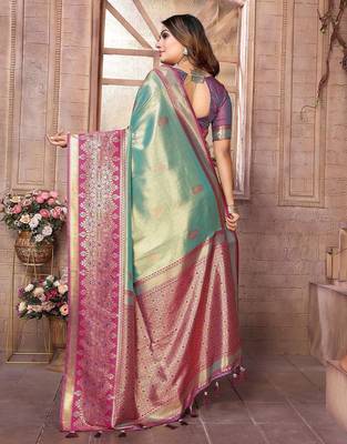 blue woven design zari silk blend designer banarasi saree 2