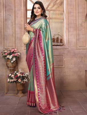 blue woven design zari silk blend designer banarasi saree 3