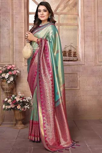 blue woven design zari silk blend designer banarasi saree