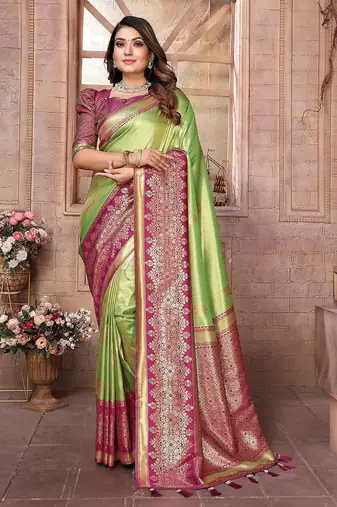 green woven design zari silk blend designer banarasi saree