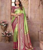 green woven design zari silk blend designer banarasi saree