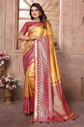 yellow woven design zari silk blend designer banarasi saree