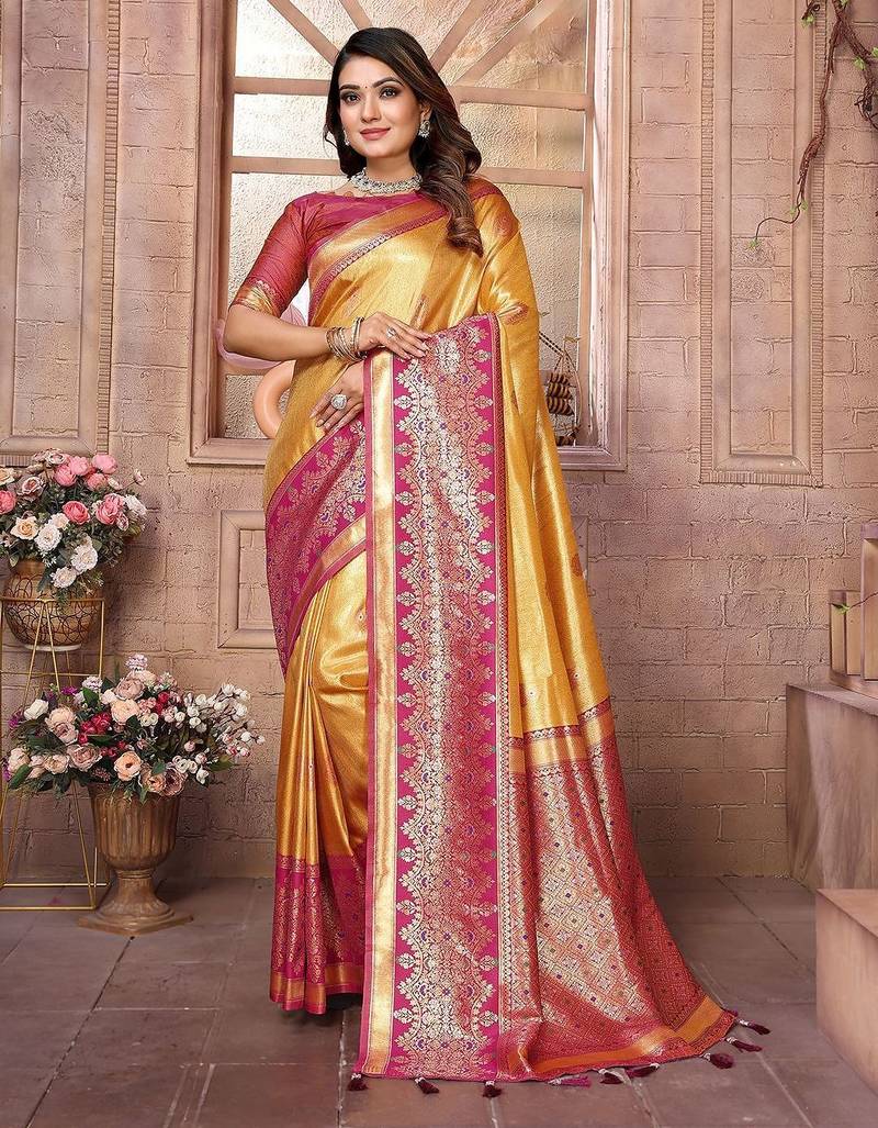 yellow woven design zari silk blend designer banarasi saree