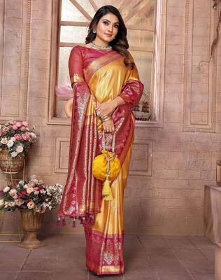 yellow woven design zari silk blend designer banarasi saree 3