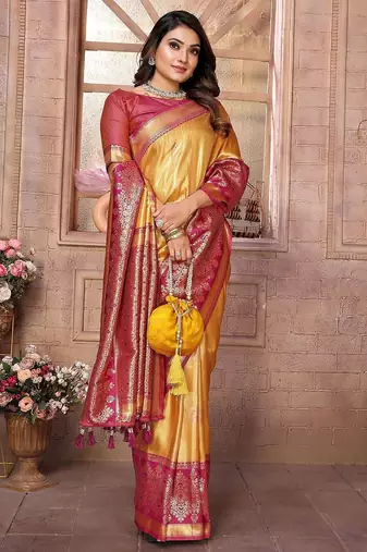 yellow woven design zari silk blend designer banarasi saree