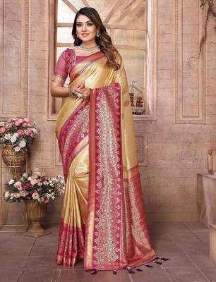 beige woven design zari silk blend designer banarasi saree 1