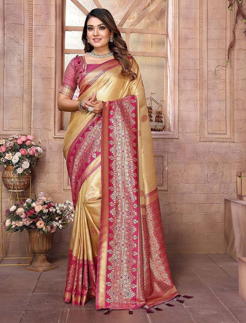 beige woven design zari silk blend designer banarasi saree