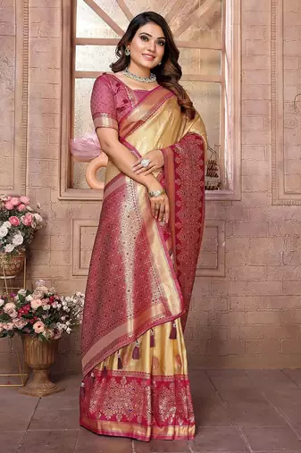 beige woven design zari silk blend designer banarasi saree