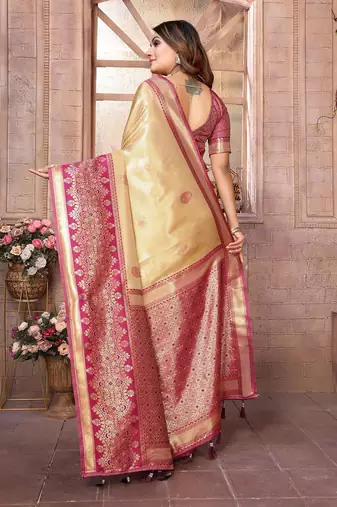 beige woven design zari silk blend designer banarasi saree