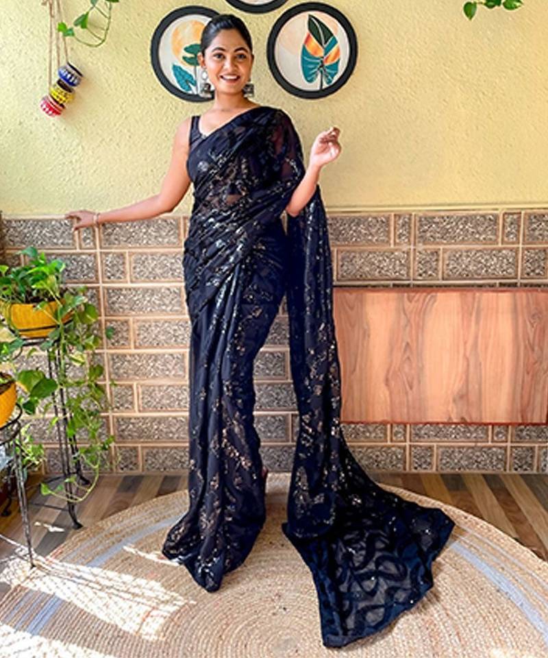 black embellished sequinned saree