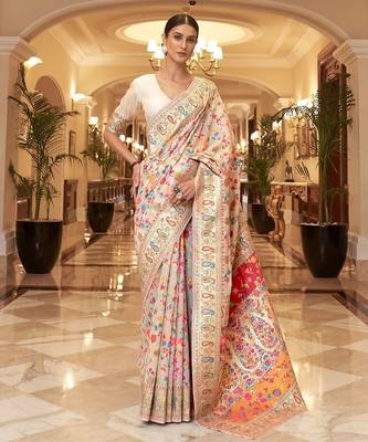 white ethnic motifs woven design zari silk blend banarasi saree 1