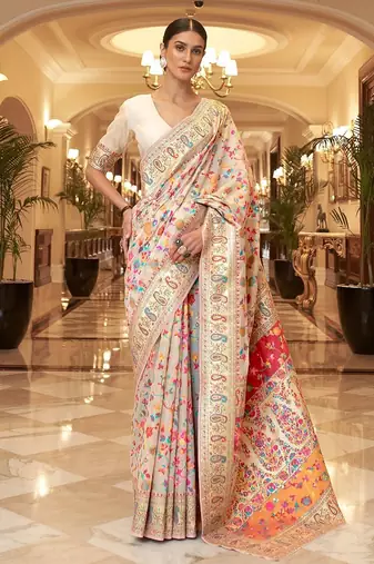 white ethnic motifs woven design zari silk blend banarasi saree