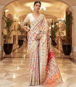 white ethnic motifs woven design zari silk blend banarasi saree