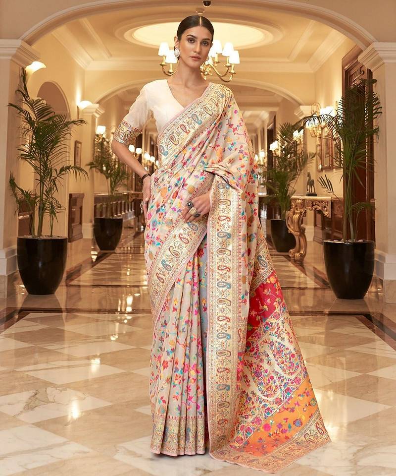 white ethnic motifs woven design zari silk blend banarasi saree