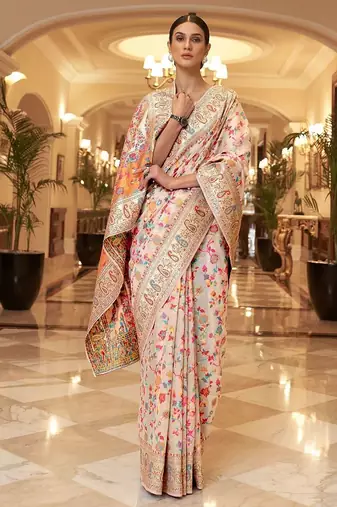 white ethnic motifs woven design zari silk blend banarasi saree