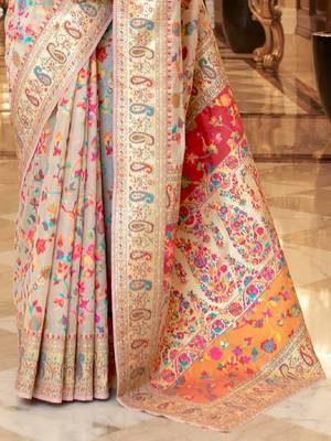 white ethnic motifs woven design zari silk blend banarasi saree 3